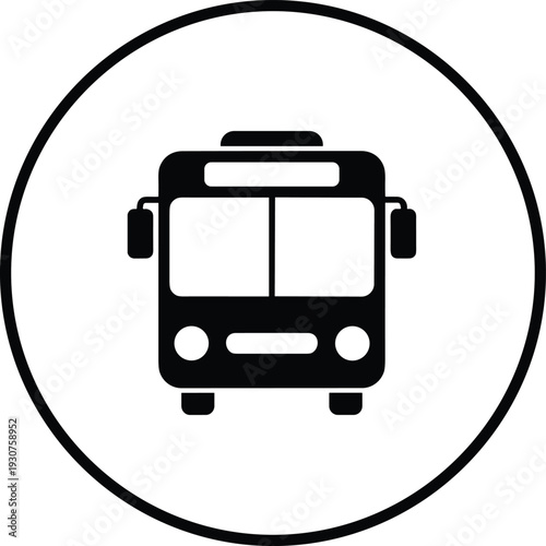 Black and white vector bus icon in circle, public transportation, transit sign, passenger shuttle symbol, city commute graphic, urban travel.