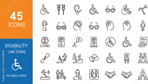 Disability Line Icon Set with Wheelchair Accessibility Prosthetics Hearing Aid Inclusive Support and Medical Assistance Symbols Editable Stroke Vector Collection