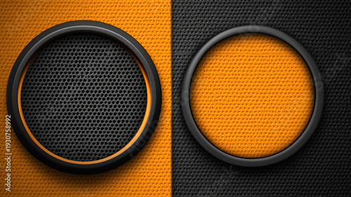 A vibrant conceptual background on the theme of sound: large speakers in black and orange tones.