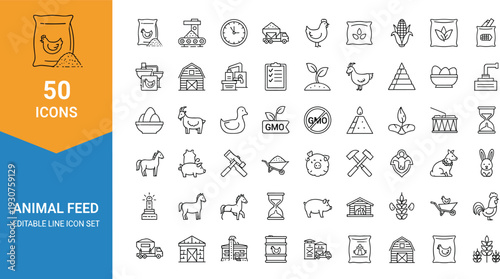 Animal Feed and Farming Line Icon Set with Livestock Barn Grain GMO Agriculture and Farm Equipment Editable Stroke Vector Collection