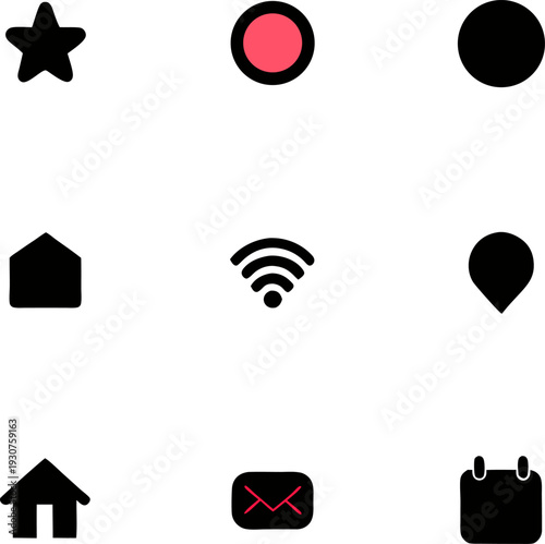 Collection of nine minimalist icons representing various common symbols and functions