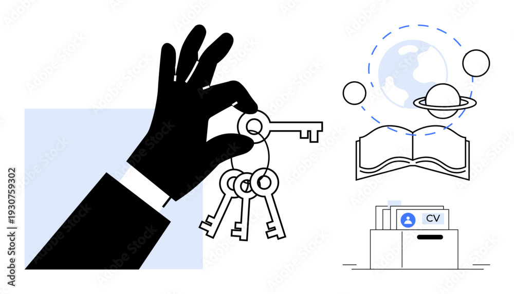 Obraz premium Knowledge management concept. Hand holding keys unlocking knowledge. Open book, globe, and CV signify global education, career opportunities, and learning. For education, career planning leadership