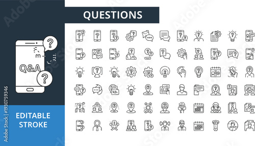 Questions and Answers Line Icon Set with FAQ Support Help Desk Inquiry Chat and Customer Service Symbols Editable Stroke Vector Collection