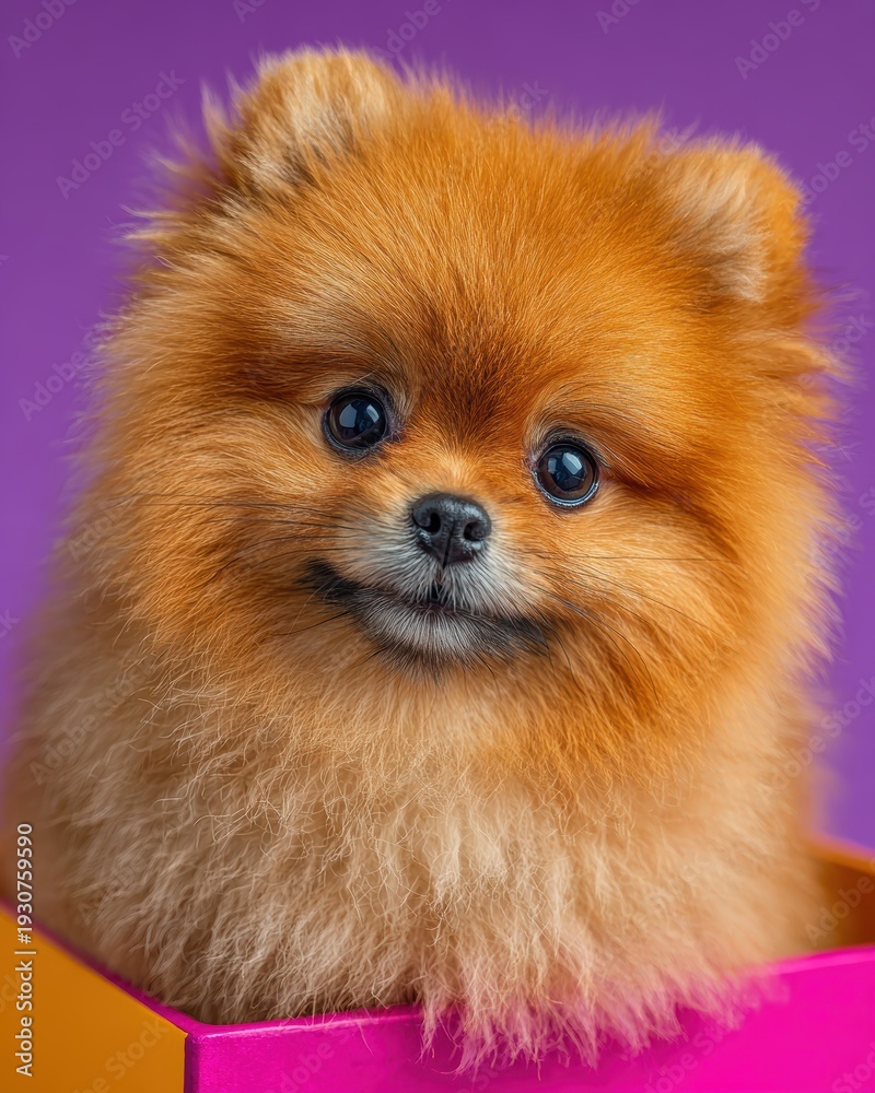 Obraz premium Adorable Pomeranian Puppy Smiling with Bright Colorful Background