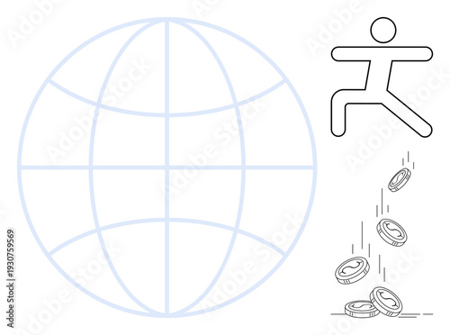 Global trade, economic challenges, money flow, financial loss, market downturn, business conditions. Outline of a globe, a person and falling coins. Economic challenges and financial loss
