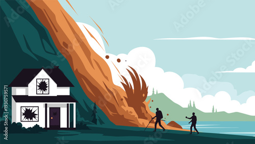 Natural disaster scene shows a massive landslide hitting a white residential house while hikers watch the soil fall from a nearby hill.