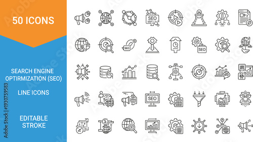 Search Engine Optimization SEO Line Icon Set with Analytics Ranking Marketing Strategy and Web Performance Symbols Editable Stroke Vector Collection