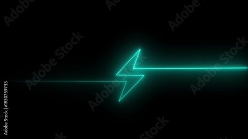 Glowing neon green lightning bolt on black background with horizontal line futuristic technology concept