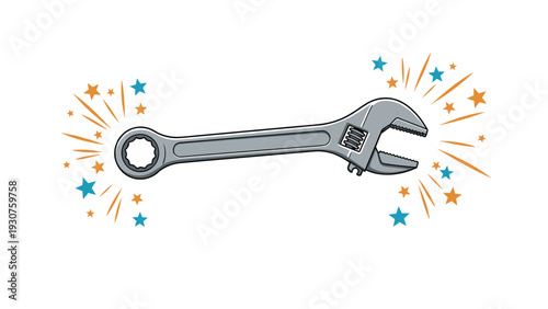 Adjustable wrench tool with colorful stars around both ends highlights a job well done or premium quality mechanical repair services.