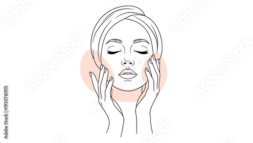 Beautiful woman with her eyes closed gently touches her face while a soft pink shape highlights the cheeks for skincare concepts.