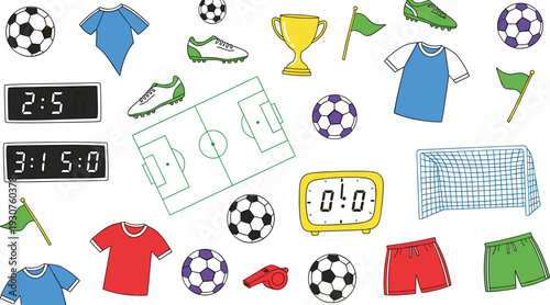 Soccer and Football Equipment Vector Set with Jersey Ball Trophy Field Goal Net Scoreboard and Sports Accessories Illustration