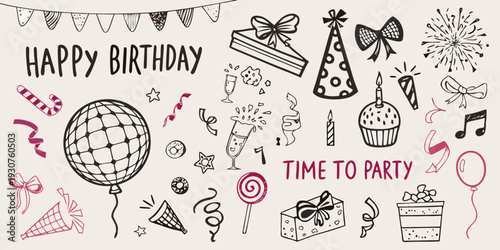 Hand drawn birthday illustration with festive elements and celebratory text