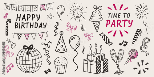 Colorful hand drawn birthday illustration with party elements and festive decorations