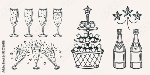 Celebratory illustration featuring champagne desserts and festive decorations