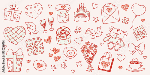 A collection of hand drawn red valentine s day themed illustrations