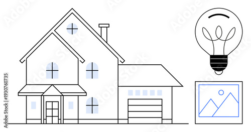 Real estate, energy efficiency, home design, creativity, innovation, architecture. Clean line drawing of a house, light bulb and picture frame. Real estate and energy efficiency concepts
