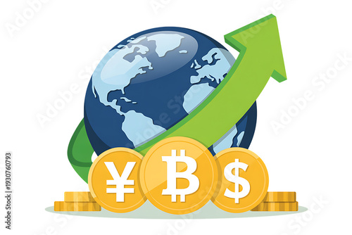 Global finance growth with bitcoin, dollar, and yen coins