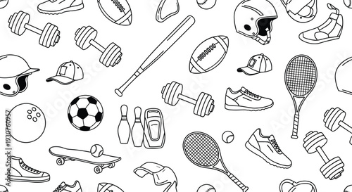 Hand Drawn Sports Equipment Seamless Pattern with Dumbbell Football Tennis Racket Skateboard Helmet and Athletic Accessories Vector Illustration