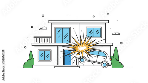 Dramatic accident scene where a white car has crashed through the front of a modern house causing a large explosion or impact burst.
