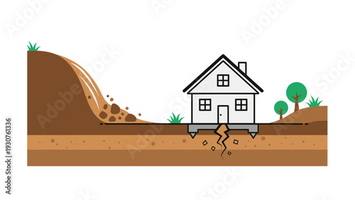 Cross section illustration shows a house sinking into the ground due to soil subsidence and a large crack in the earth during a landslide.