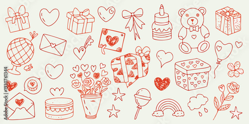 A collection of hand drawn valentine s day gifts and romantic symbols
