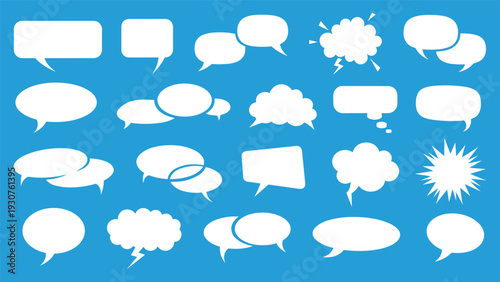 Diverse set of white speech and thought bubbles on a bright blue background offers many styles for communication and dialogue design.