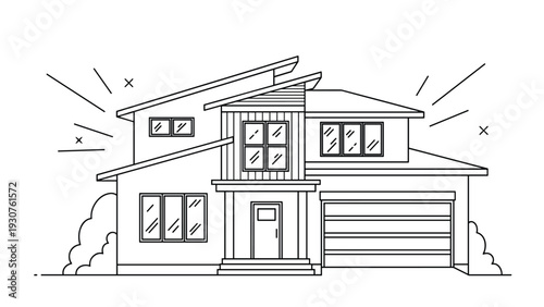Detailed line drawing of a large modern two story house with a garage and various window styles features clean architectural lines.