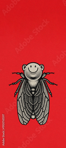 Funny Smiling Cicada Insect Illustration with Vintage Halftone Texture on Red Background