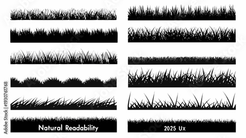 Black and white illustration of various grass border designs