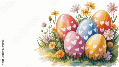 Easter illustration with the main symbols of spring and Easter holiday. In the center are the eggs, painted in bright colors. They are lying in thick green grass surrounded by spring primroses.
