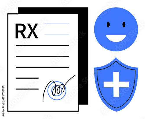 Healthcare, medical prescriptions, pharmacy services, insurance, medical records, health positivity. Medical document with RX label, signed form shield with cross smiling face. Healthcare
