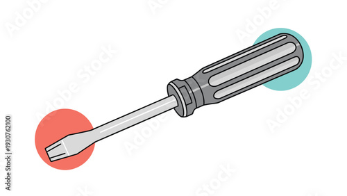 Gray flathead screwdriver with colored circles at the tip and handle ends suggests a tool for precision work or identification.