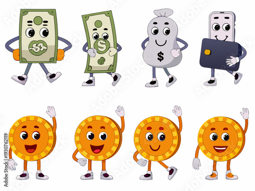Cartoon currency and coins with faces arms and legs waving cheerfully