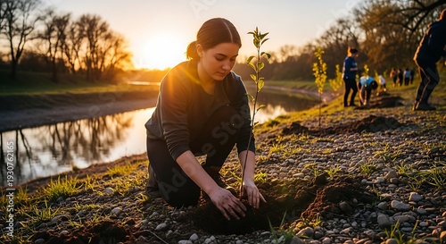 Young volunteer woman planting tree by serene river at sunset with people in background