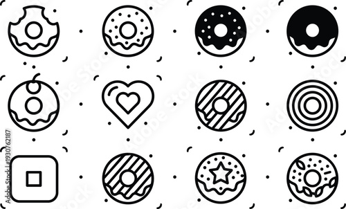 Black and White Line Art Donut Icons Set Featuring Glazed Sprinkled Heart Square and Bitten Doughnut Shapes for Bakery Menu Design and Web