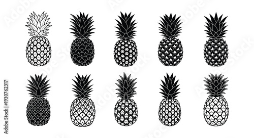 Black and white illustration of nine different pineapple silhouettes