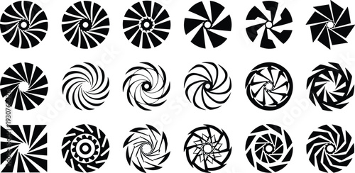 Collection Of Abstract Black And White Circular Icons Featuring Geometric Spirals Radial Starburst Patterns And Camera Shutter Diaphragm Shapes For Modern Logo Design Elements