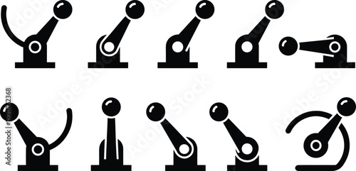 Black Vector Icon Set of Mechanical Lever Control Handles Robotic Arm Industrial Joysticks and Manual Gear Shifts Isolated on White Background for Machine Interface Design