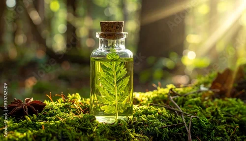 Panel kuchenny z motywem Natural Elixir - A Bottle of Green Essence in the Forest.