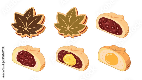 Assortment of Japanese sweets including maple leaf shaped cakes and steamed buns with various fillings like red bean and egg.