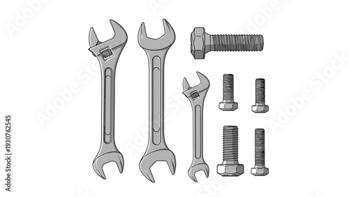 Collection of various steel wrenches, bolts, and screws of different sizes provides essential equipment for mechanical assembly.