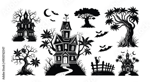Spooky halloween scene with haunted houses trees bats and a crescent moon