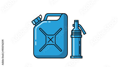 Blue plastic gas canister with a handle and an accompanying pump for fuel storage and manual transfer of kerosene or gasoline.