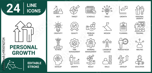 Modern Personal Growth outline icon set vector illustration containing personal growth, development, business, success, target, goal and schedule symbols with editable stroke