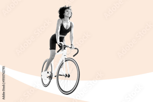 A woman is riding her bike with a big smile on her face, in a simple and bright environment.
