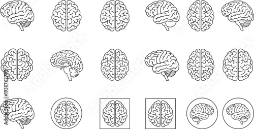 Human Brain Line Art Icons Collection Featuring Top Side and Cross Section Views for Medical Science Education Mental Health Psychology and Neurology Research Graphics