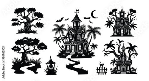 Spooky halloween scene with haunted houses trees bats and a crescent moon