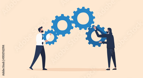 Two Businessmen Connecting Blue Gears Vector Illustration
