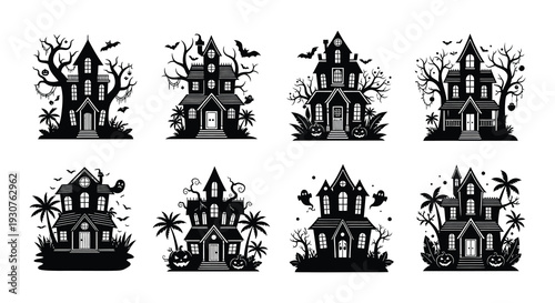 Spooky halloween scene with haunted houses trees bats and a crescent moon