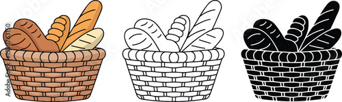 Bread basket silhouette & Outline and illustration set isolated on transparent background